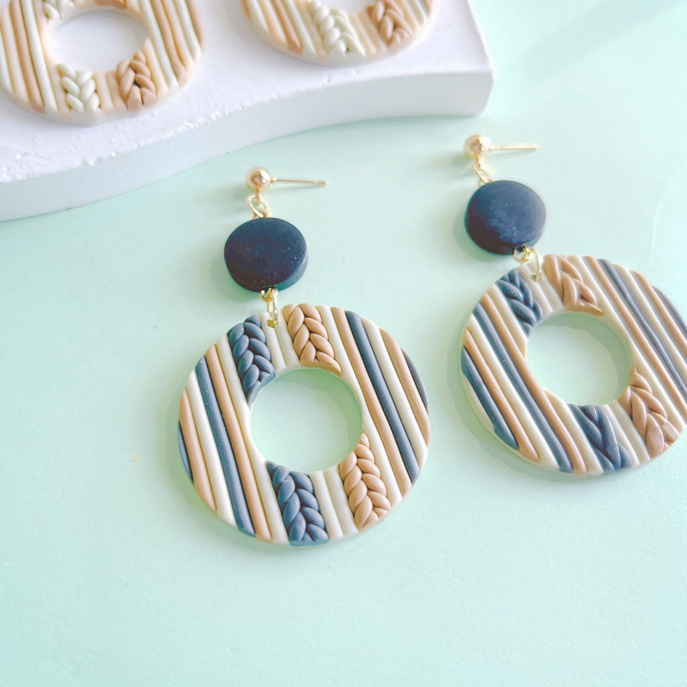 Wholesale Hand Woven Geometric Soft Pottery Wood Patchwork Earrings