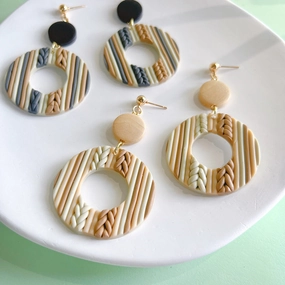 Wholesale Hand Woven Geometric Soft Pottery Wood Patchwork Earrings