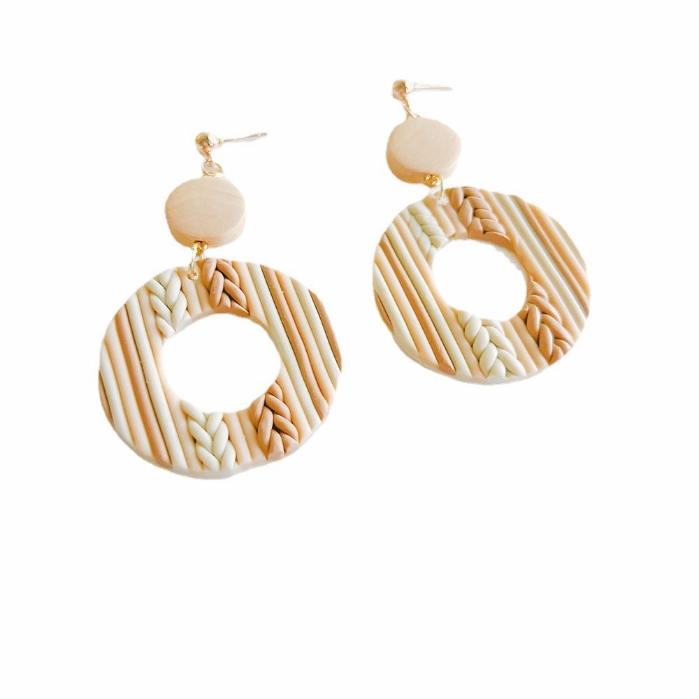 Wholesale Hand Woven Geometric Soft Pottery Wood Patchwork Earrings