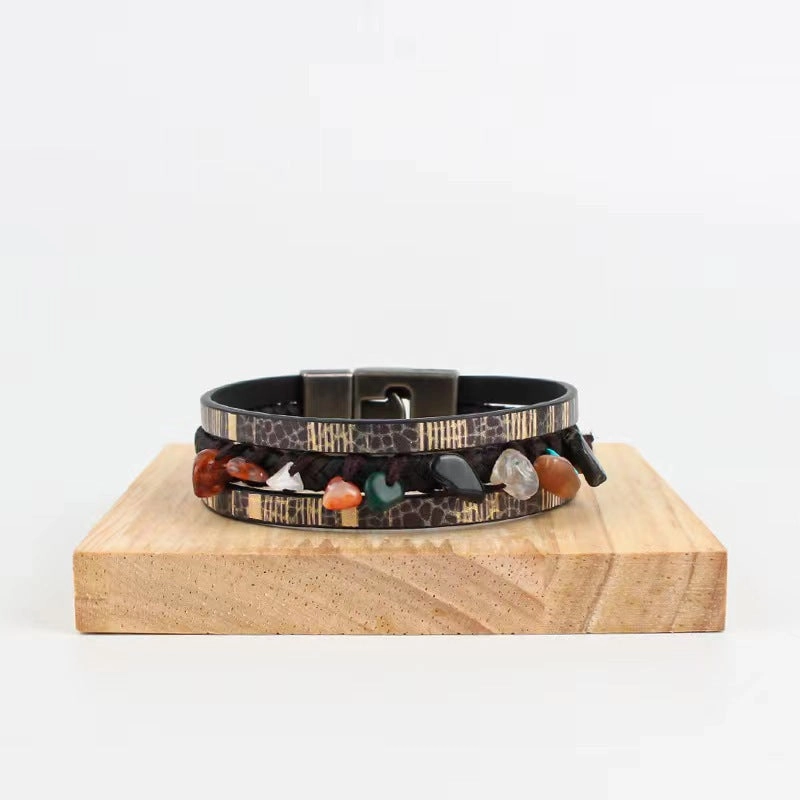 Wholesale Hand-woven natural stone multi-layered leather bracelet