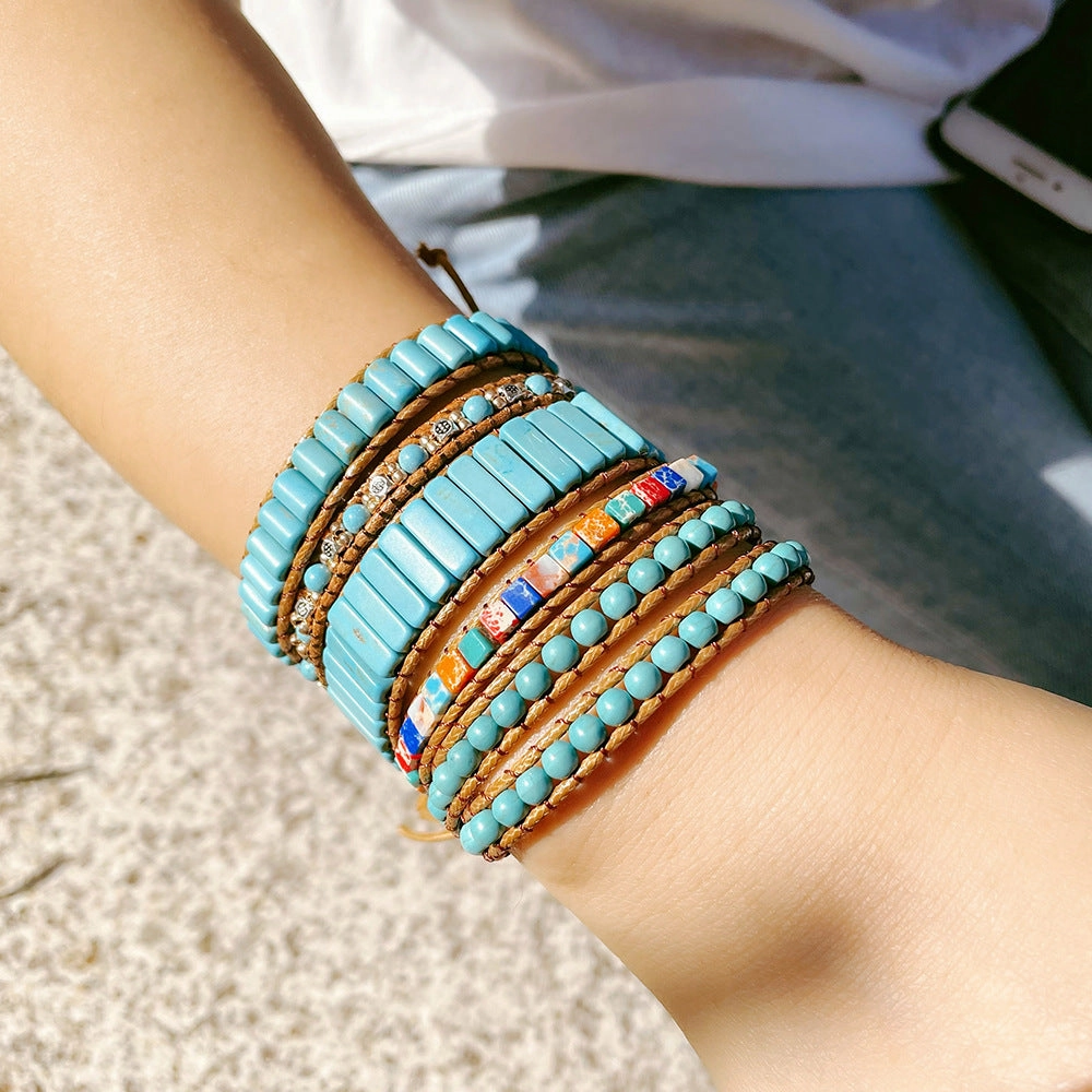 Wholesale Hand Woven Turquoise Beaded Multi Layer Wrap Bracelet