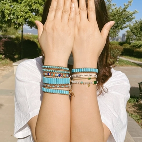 Wholesale Hand Woven Turquoise Beaded Multi Layer Wrap Bracelet