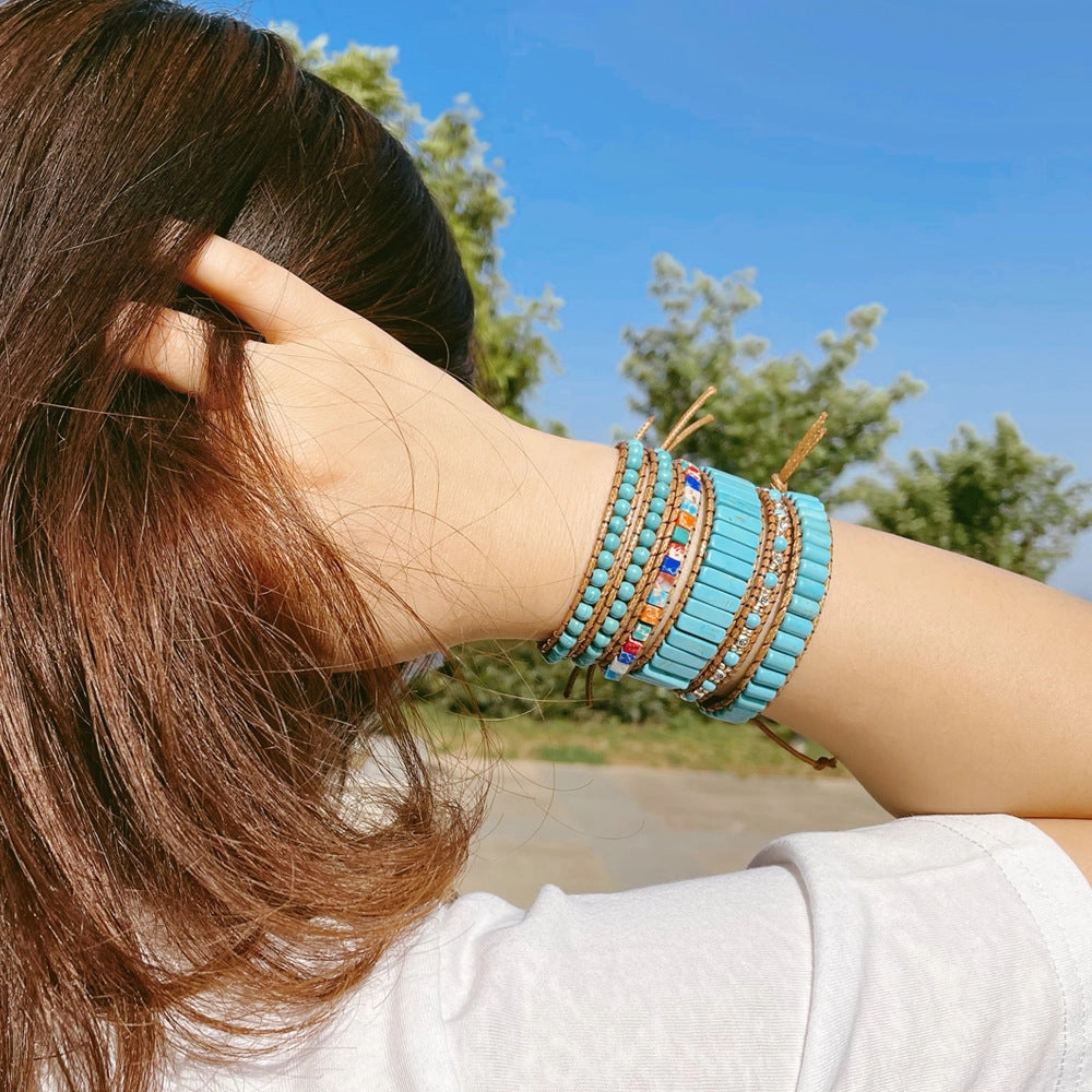 Wholesale Hand Woven Turquoise Beaded Multi Layer Wrap Bracelet