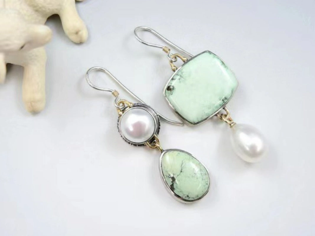 Wholesale Handmade Blue Jade Agate Freshwater Pearl Earrings