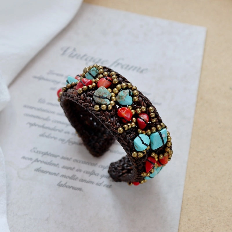 Wholesale handmade Bohemian ethnic woven natural stone bracelet