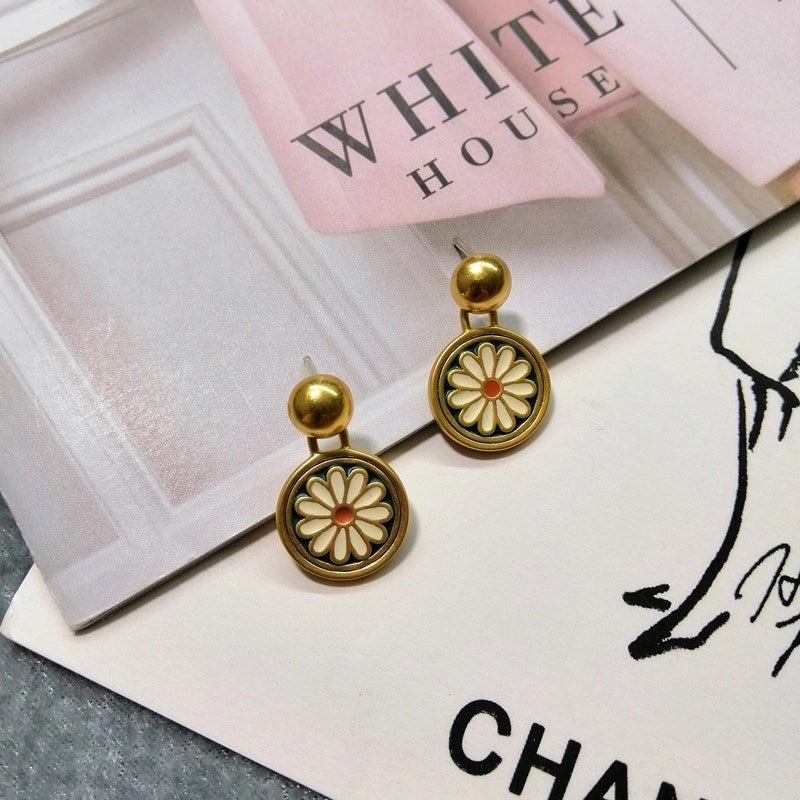 Wholesale Handmade Enamel Ink Blue and White Small Flower 925 Silver Needle Earrings