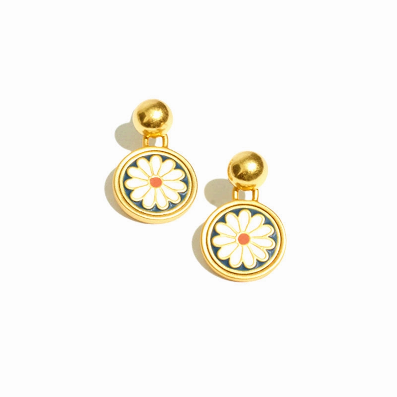 Wholesale Handmade Enamel Ink Blue and White Small Flower 925 Silver Needle Earrings