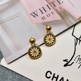 Wholesale Handmade Enamel Ink Blue and White Small Flower 925 Silver Needle Earrings