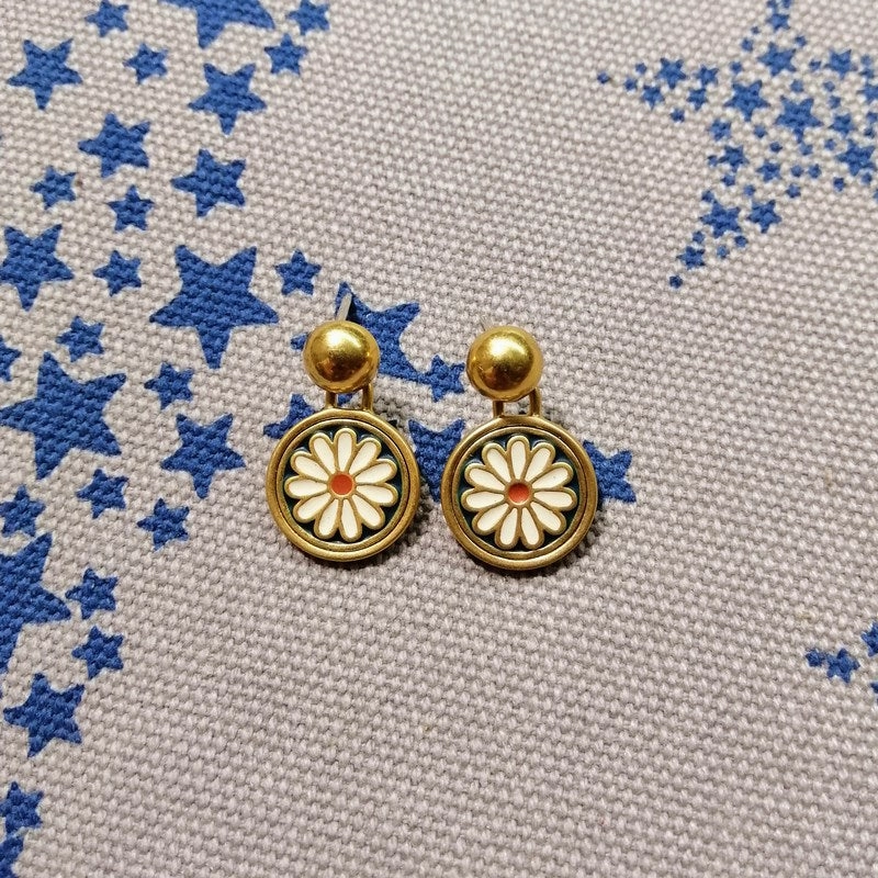 Wholesale Handmade Enamel Ink Blue and White Small Flower 925 Silver Needle Earrings
