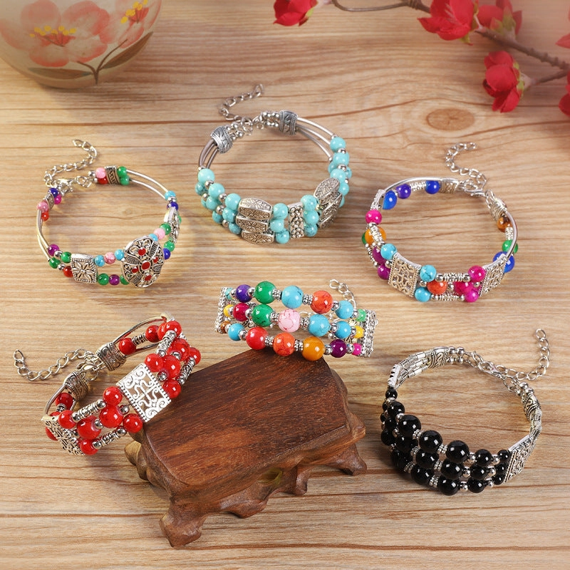Wholesale handmade ethnic style colorful beads silver  bohemian bracelet