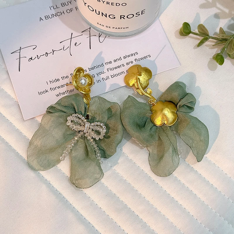 Wholesale Handmade Fabric Crystal Bow Earrings