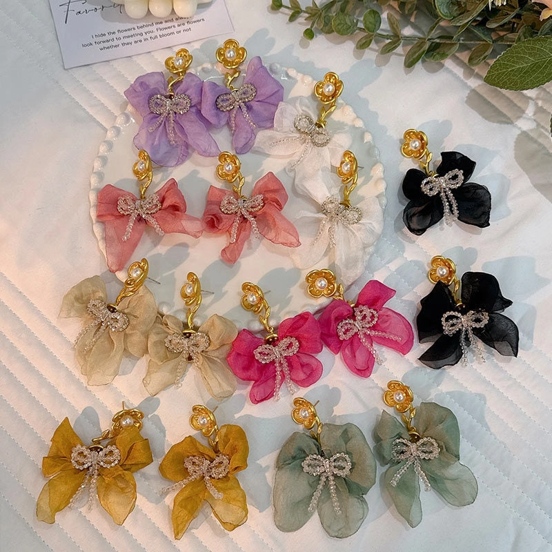 Wholesale Handmade Fabric Crystal Bow Earrings
