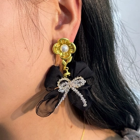 Wholesale Handmade Fabric Crystal Bow Earrings