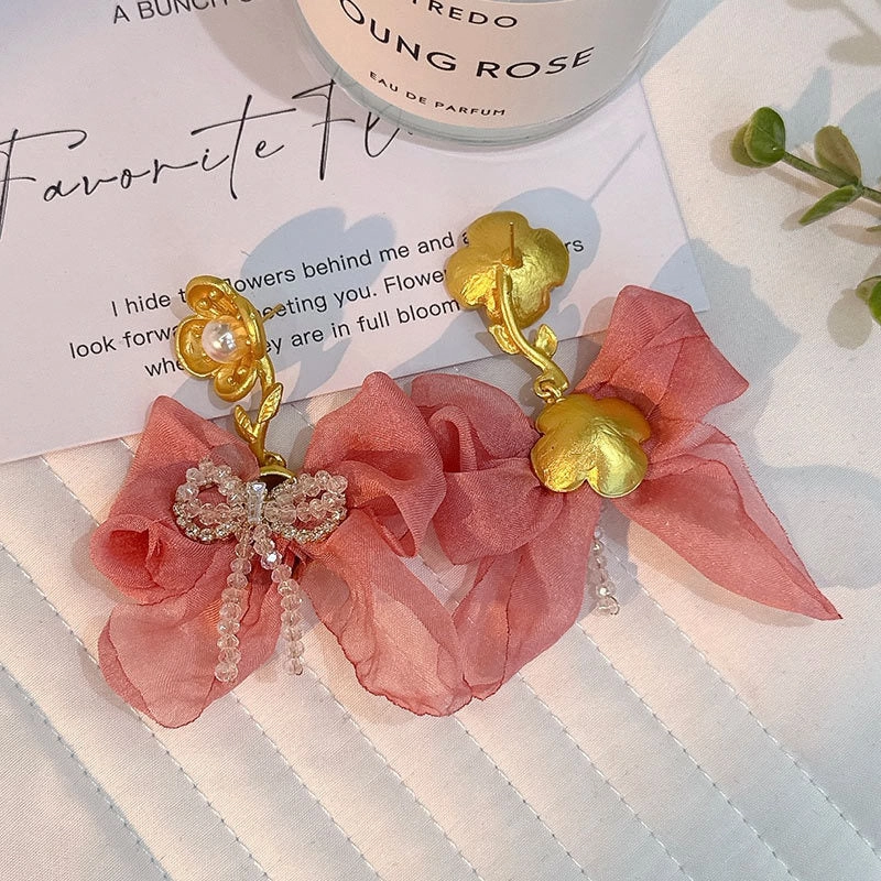 Wholesale Handmade Fabric Crystal Bow Earrings
