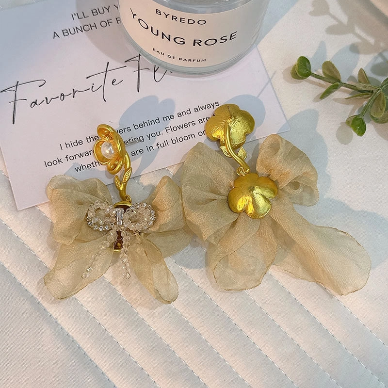Wholesale Handmade Fabric Crystal Bow Earrings