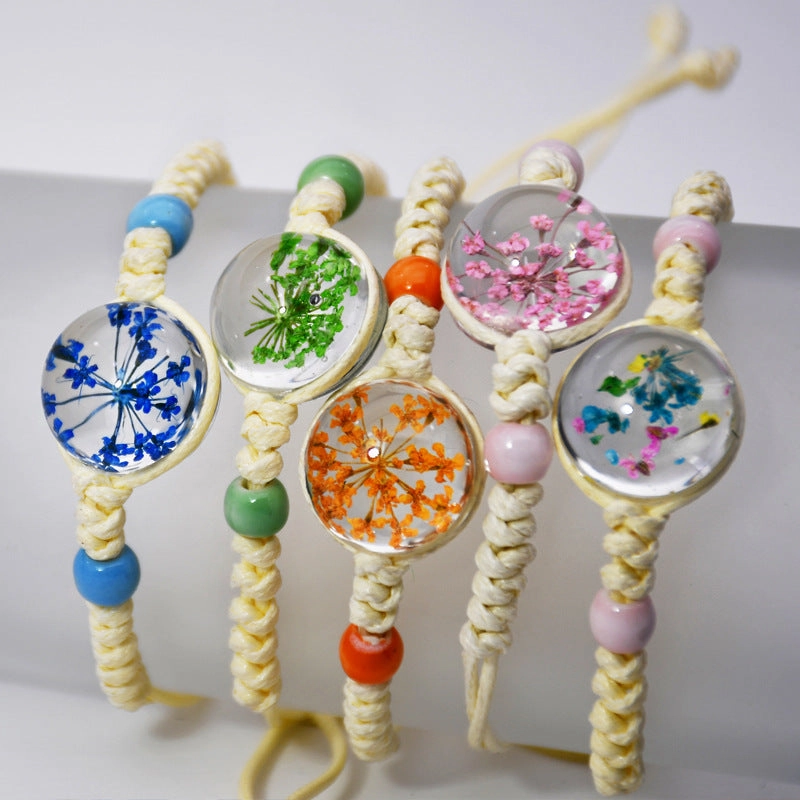 Wholesale Handmade Hemp Cotton Weaving Dried Flower Tree Of Life Color Elastic Bracelet