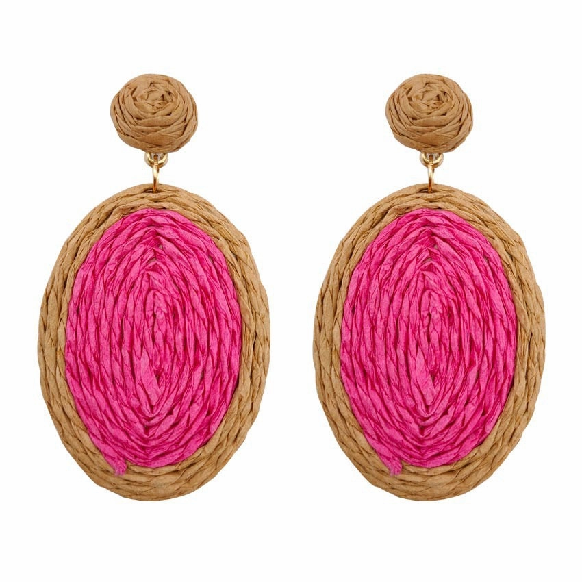 Wholesale Handmade Rattan Dyed Oval Lafite grass Earrings