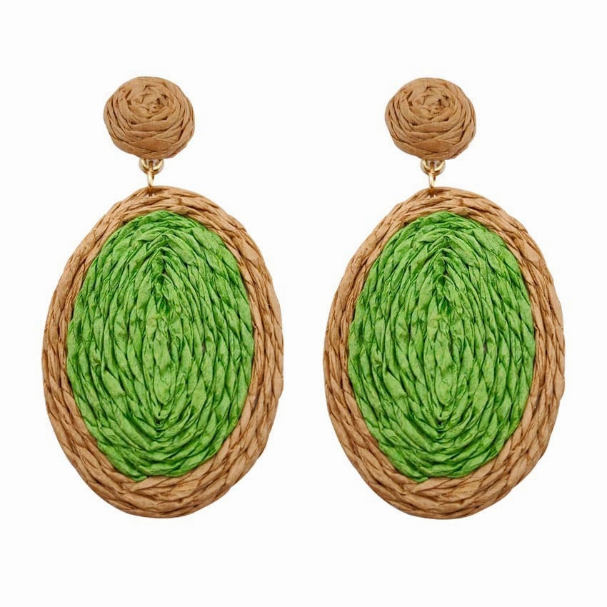 Wholesale Handmade Rattan Dyed Oval Lafite grass Earrings