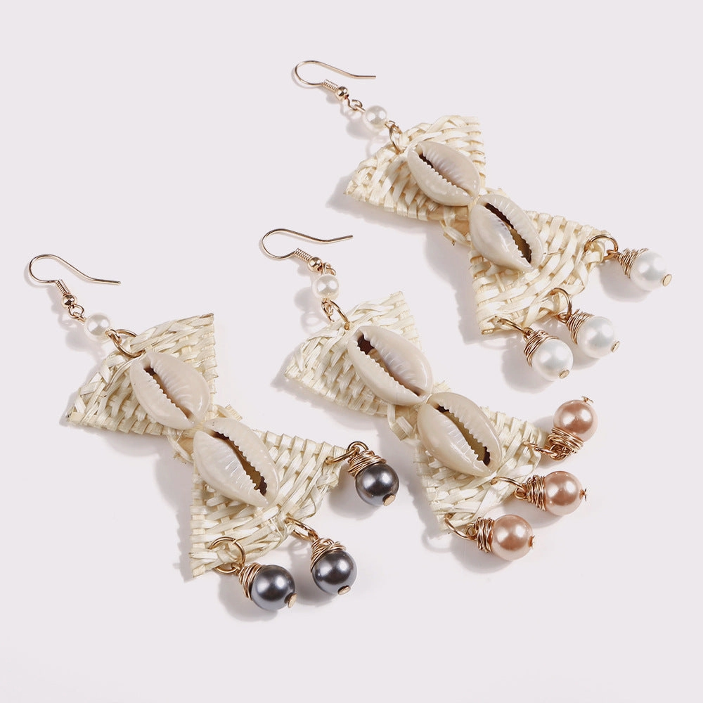 Wholesale Handmade Rattan Woven Shell Earrings
