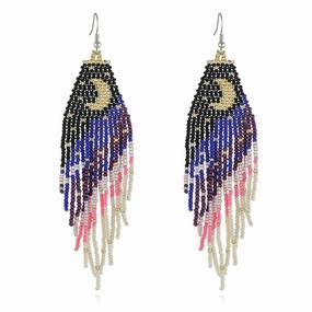 Wholesale Handmade Rice Bead Moon Tassel Earrings