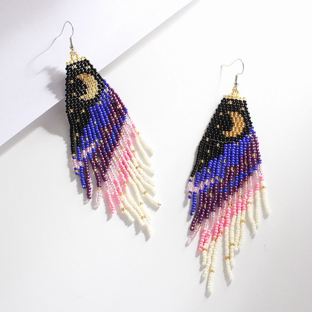 Wholesale Handmade Rice Bead Moon Tassel Earrings