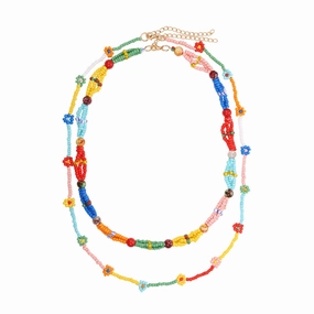 Wholesale Handwoven Double Layer Colorful Rice Beads Flower Necklace