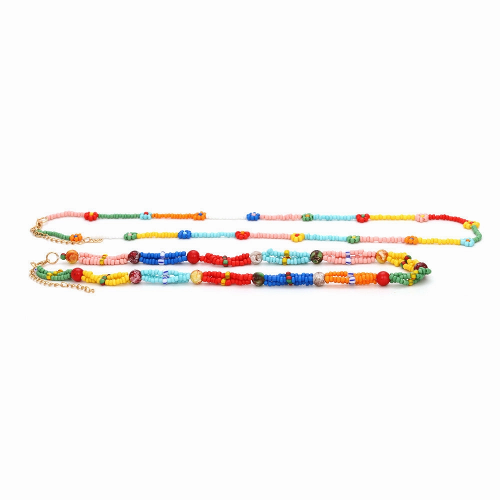 Wholesale Handwoven Double Layer Colorful Rice Beads Flower Necklace