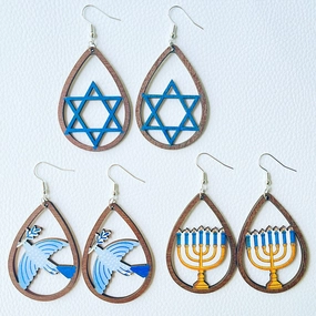 Wholesale Hanukkah Water Drop Hollow Wooden Candle Star Earrings 2 in A Pack