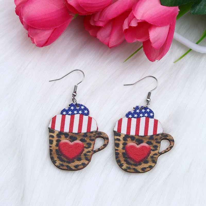 Wholesale Hat Girl with Sunglasses Love Heart Leopard Cup Wood Earrings