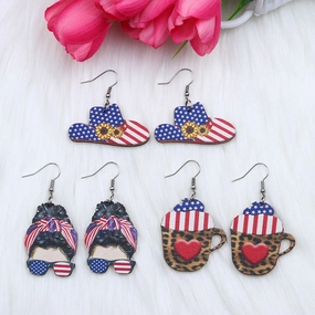 Wholesale Hat Girl with Sunglasses Love Heart Leopard Cup Wood Earrings