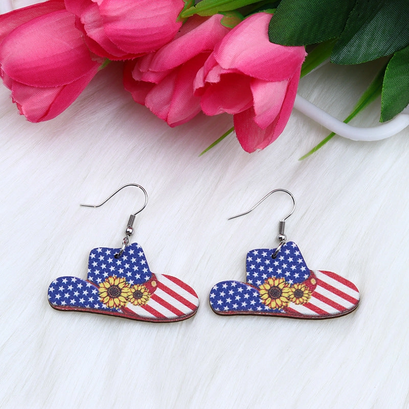 Wholesale Hat Girl with Sunglasses Love Heart Leopard Cup Wood Earrings