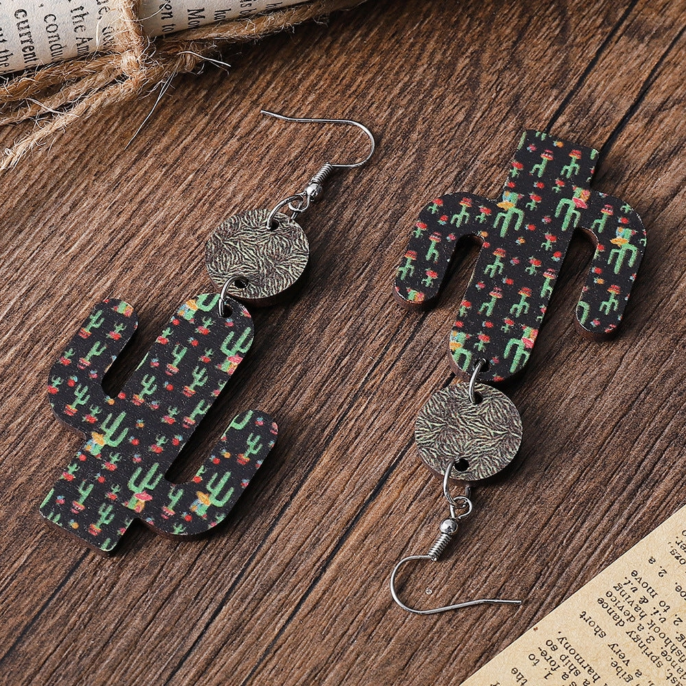 Wholesale Hawaiian Style Tropical Turtle Leaf Cactus Wooden Earrings