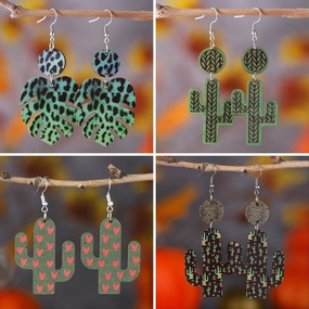 Wholesale Hawaiian Style Tropical Turtle Leaf Cactus Wooden Earrings