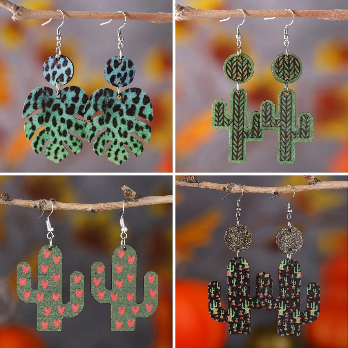 Wholesale Hawaiian Style Tropical Turtle Leaf Cactus Wooden Earrings