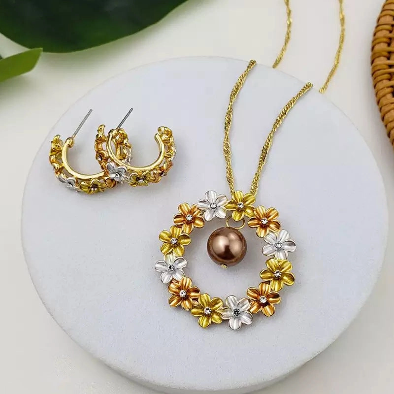 Wholesale Hawaiian Tricolor Wreath Pearl Copper Earrings Jewelry Set
