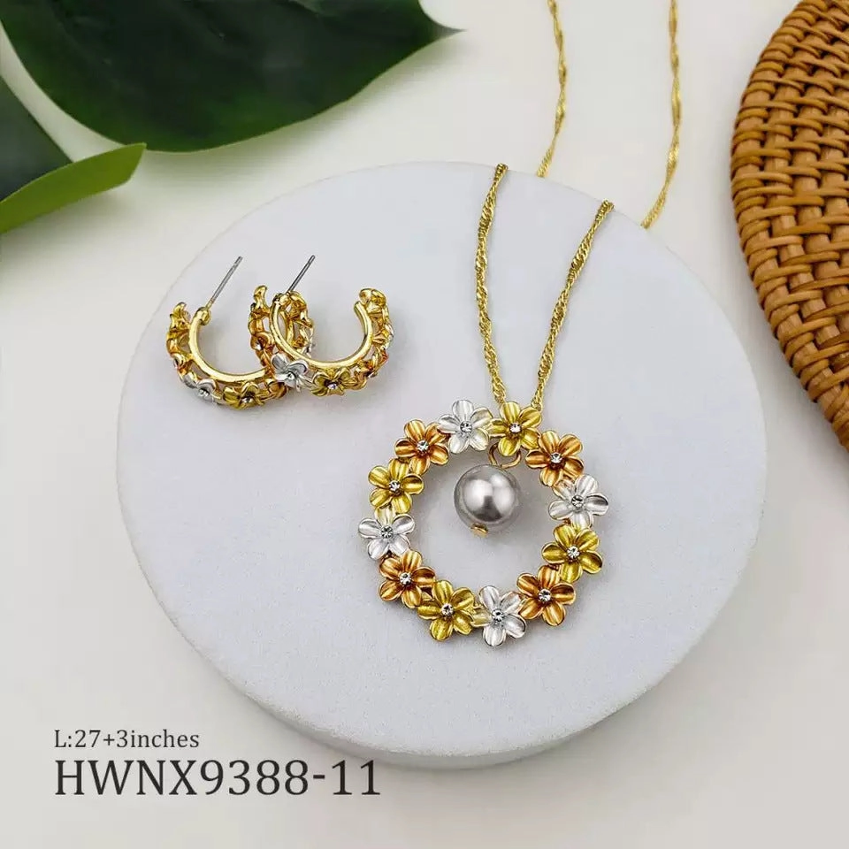 Wholesale Hawaiian Tricolor Wreath Pearl Copper Earrings Jewelry Set