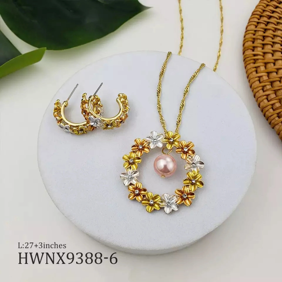Wholesale Hawaiian Tricolor Wreath Pearl Copper Earrings Jewelry Set