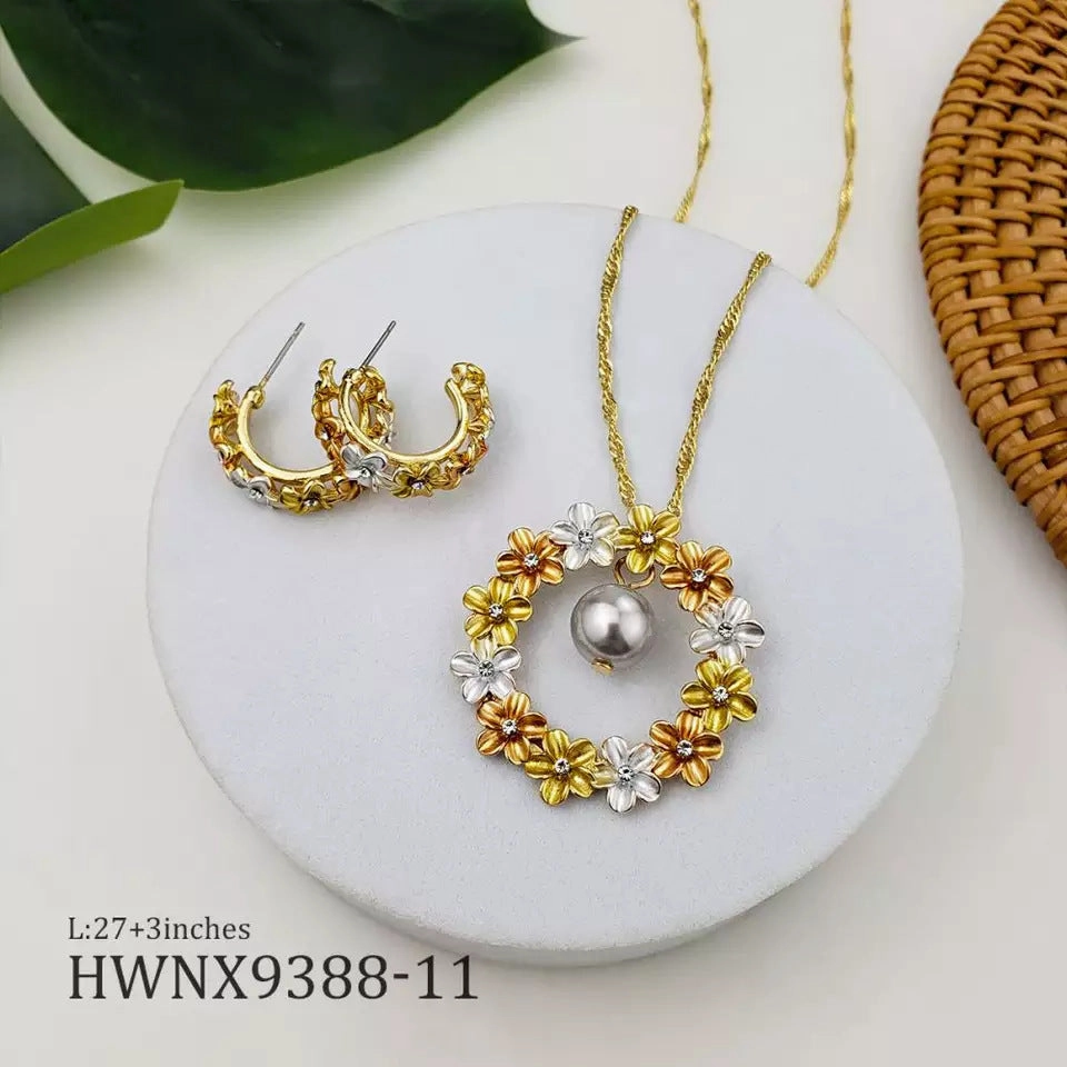 Wholesale Hawaiian Tricolor Wreath Pearl Copper Earrings Jewelry Set