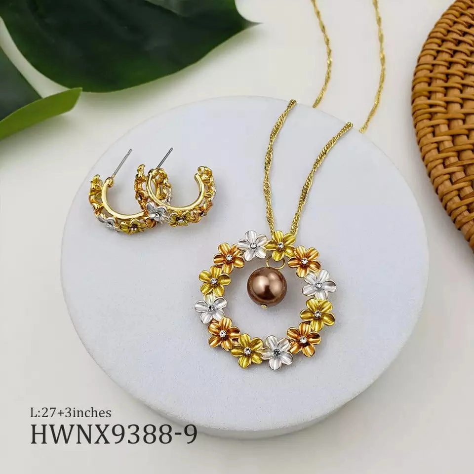 Wholesale Hawaiian Tricolor Wreath Pearl Copper Earrings Jewelry Set