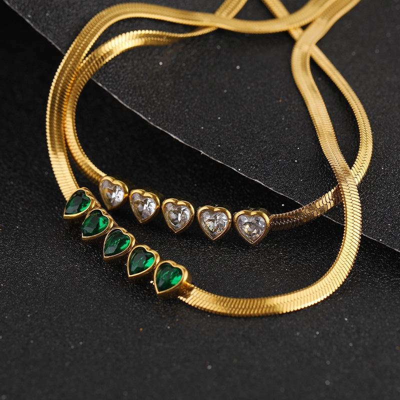 Wholesale Heart Green Zircon Titanium Steel Necklaces