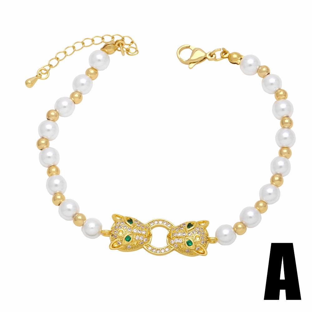 Wholesale Heart Pearl Leopard Head Copper Bracelet