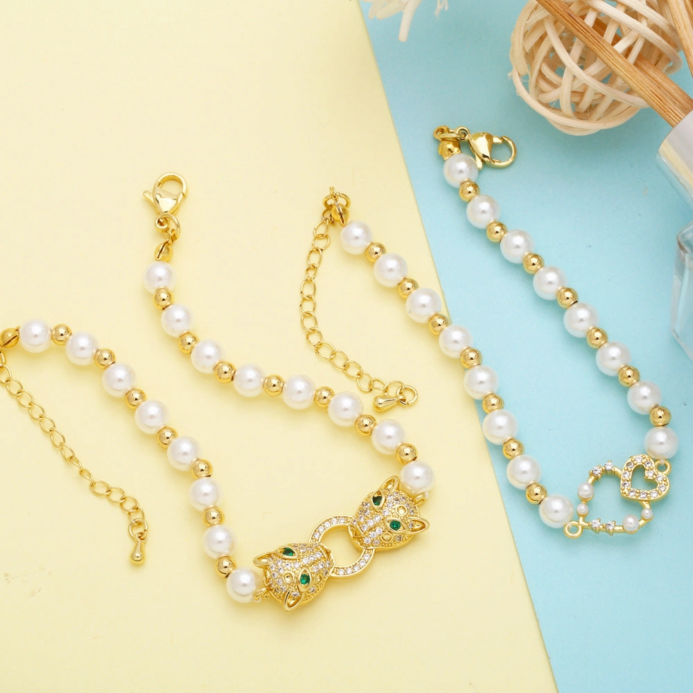 Wholesale Heart Pearl Leopard Head Copper Bracelet