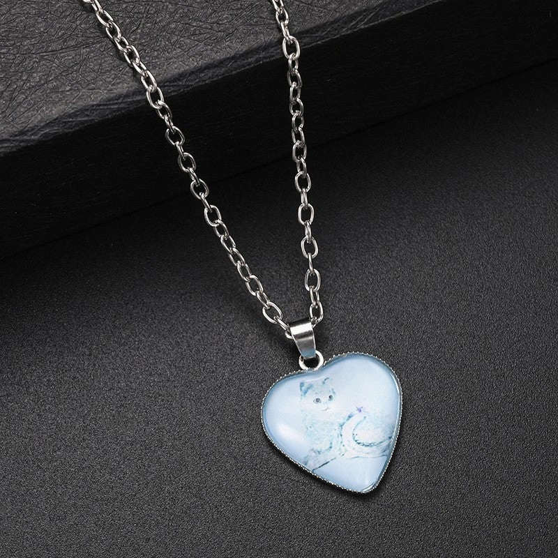 Wholesale Heart-shaped Crystal Cute Kitten Metal Necklaces