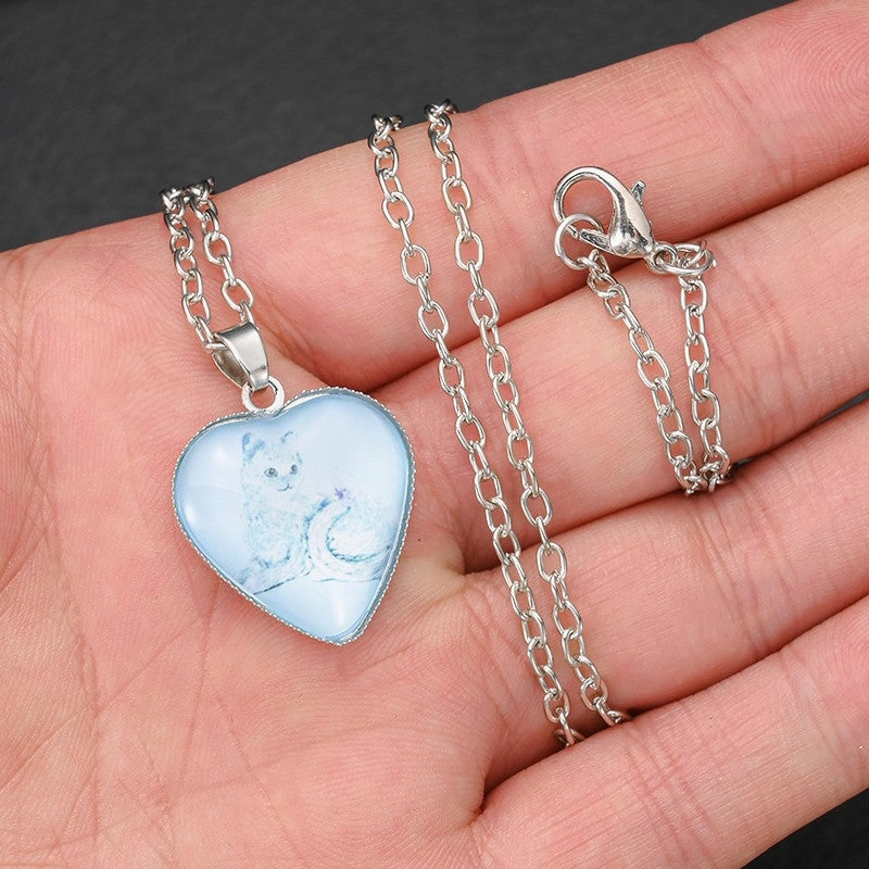 Wholesale Heart-shaped Crystal Cute Kitten Metal Necklaces