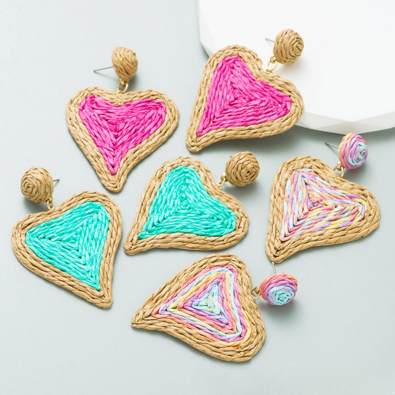 Wholesale Heart-shaped Handcrafted Rattan Woven Creative Geometric Earrings