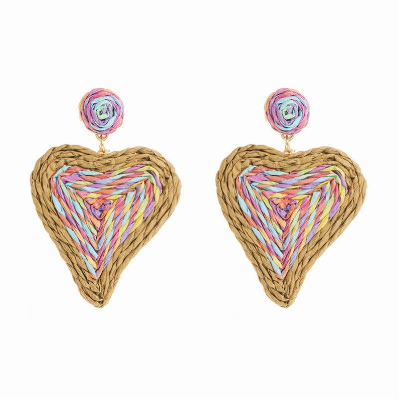 Wholesale Heart-shaped Handcrafted Rattan Woven Creative Geometric Earrings