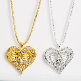 Wholesale Heart Shaped Hollow Sweater Chain Full Diamond Necklace