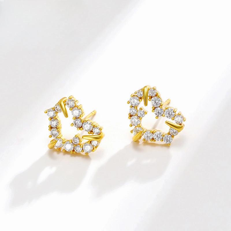 Wholesale Heart Shaped Zircon Copper Plated 24k Gold Earrings