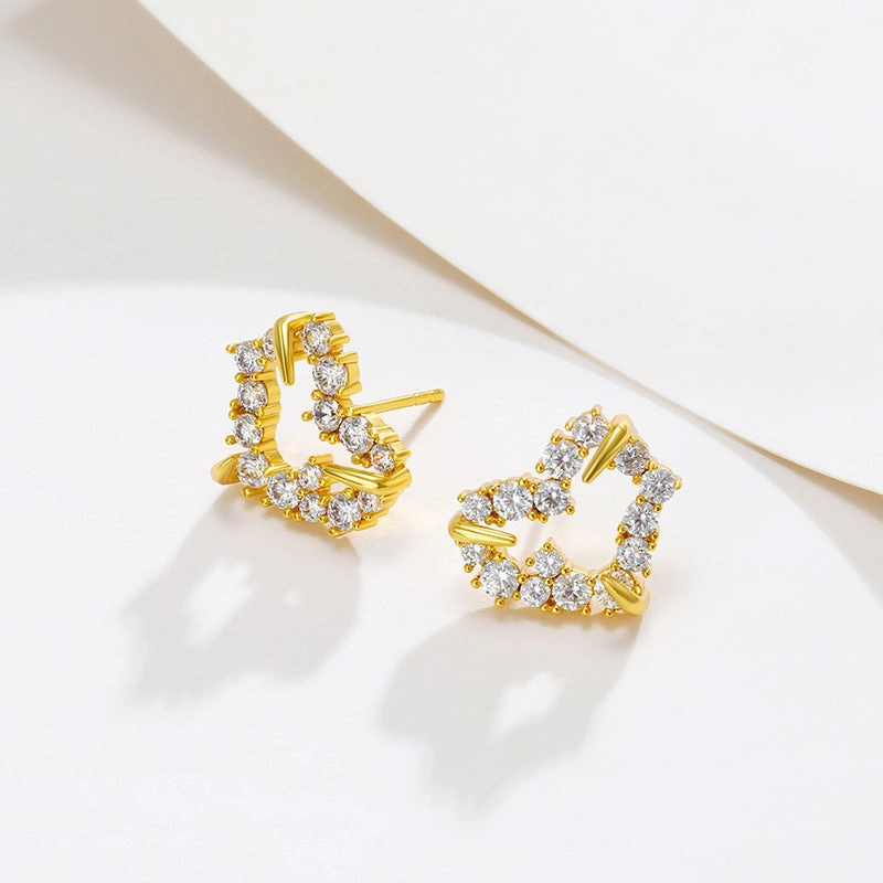 Wholesale Heart Shaped Zircon Copper Plated 24k Gold Earrings