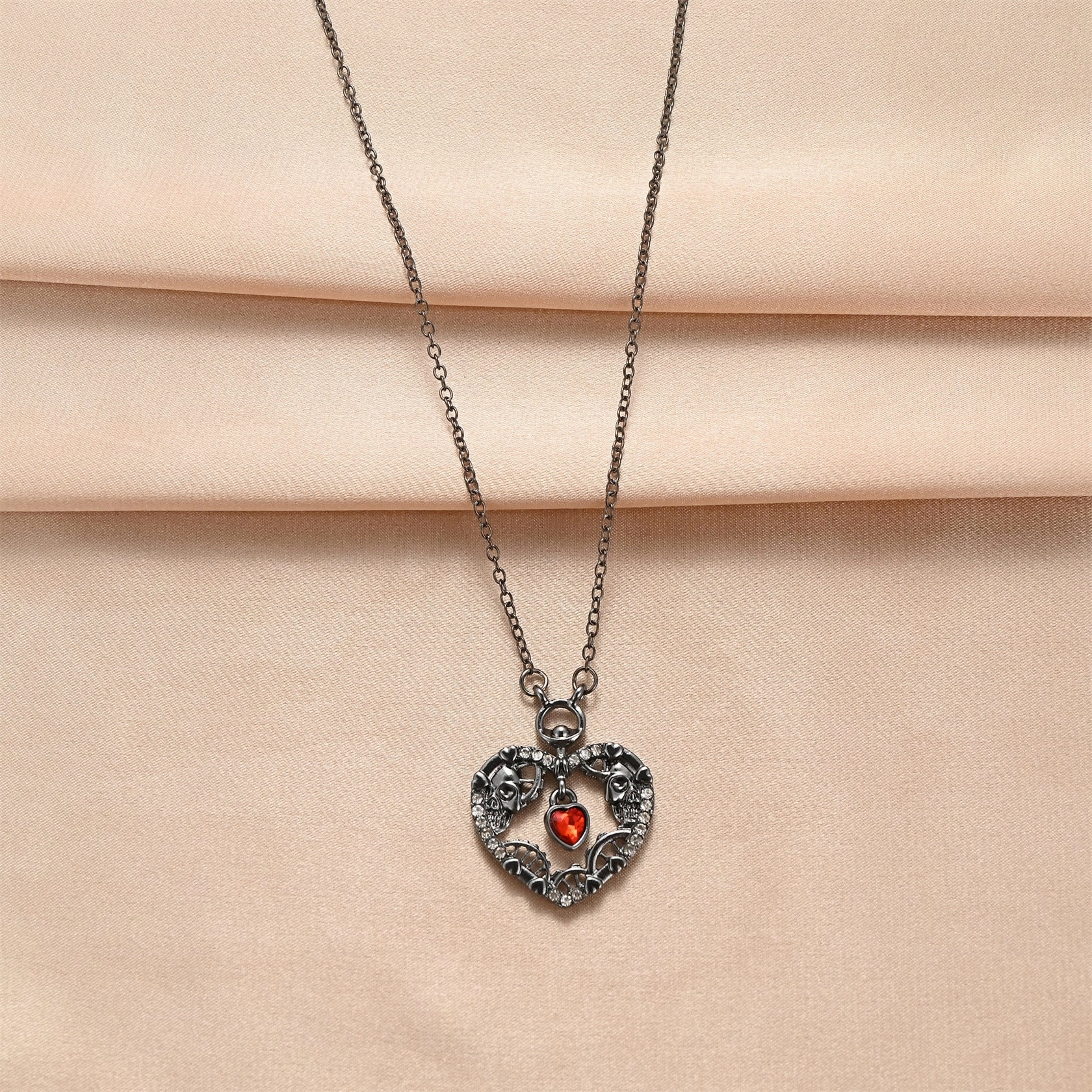 Wholesale Heart Skeleton Red Crystal Heart Shaped Hollow Necklace
